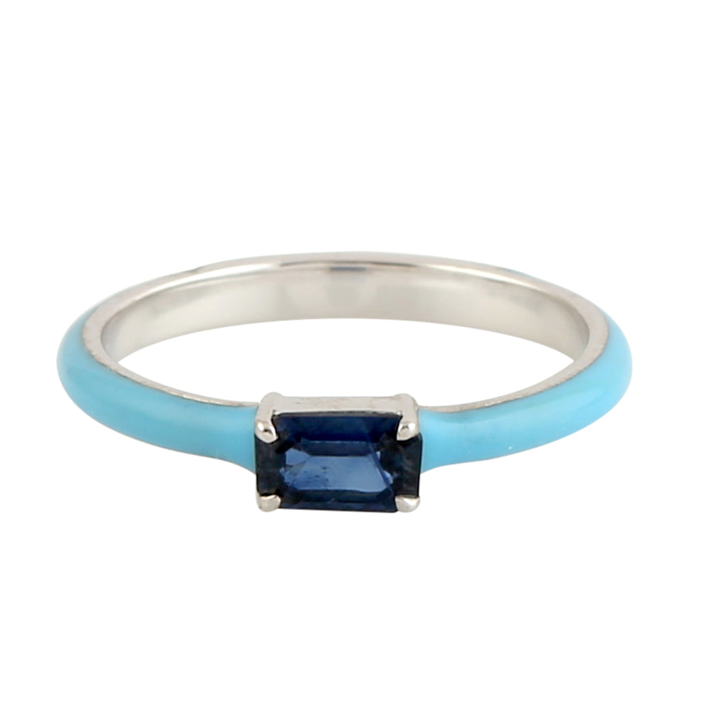 Baguette Blue Sapphire September Birthstone Enamel Delicate Band Ring in 18k Yellow Gold