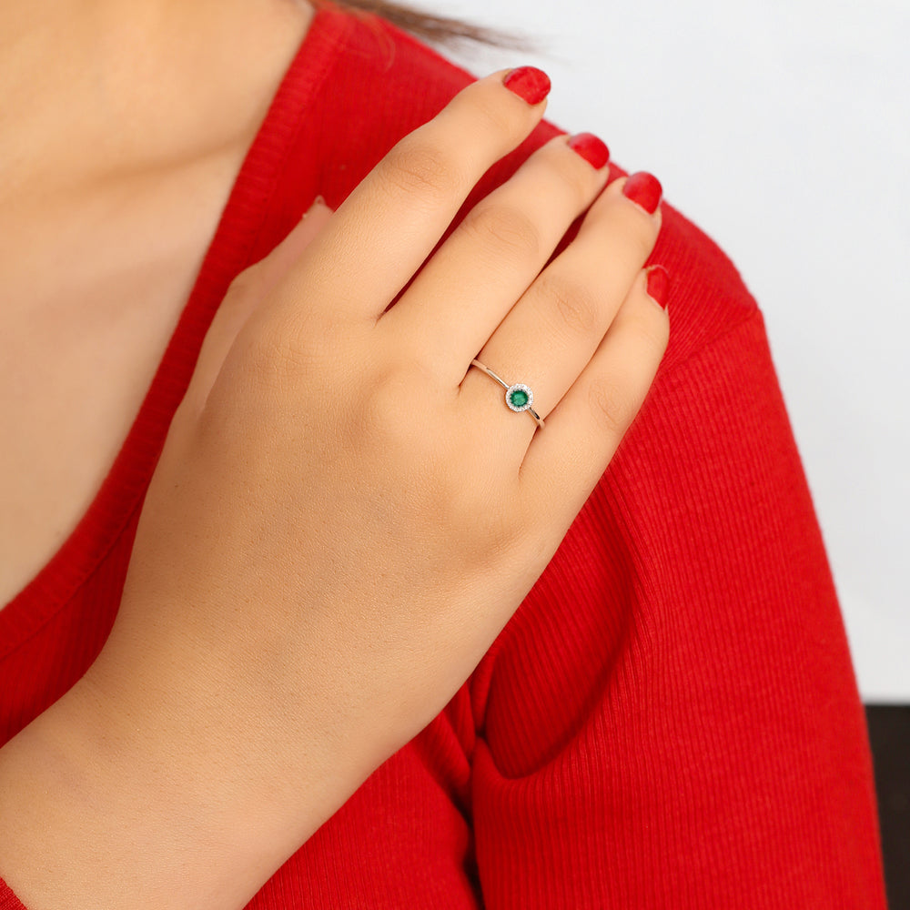 Natural Diamond Emerald Halo Dainty Ring In 14k White Gold