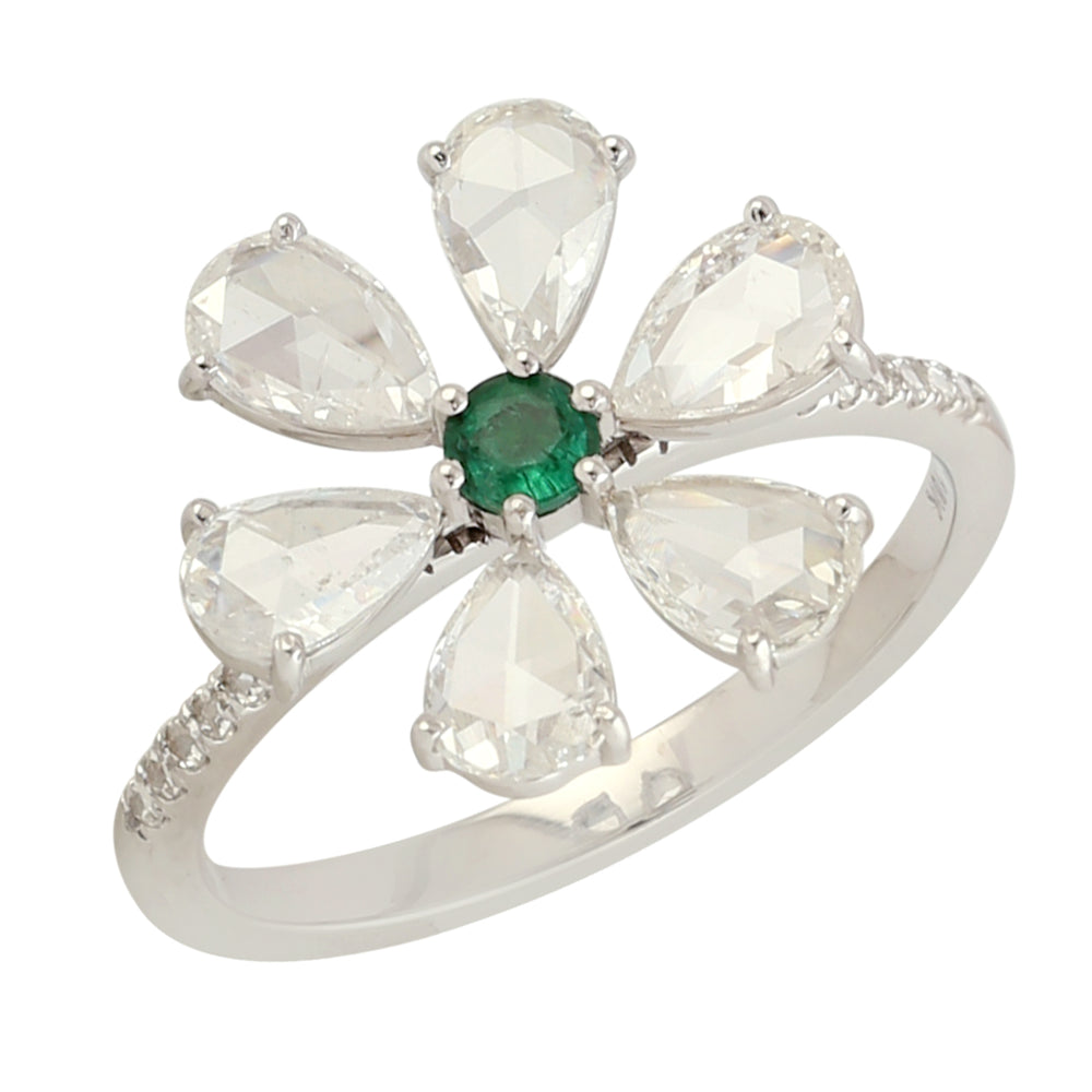 Round Emerald Rose Cut Diamond Daisy Flower Ring in White Gold For Her