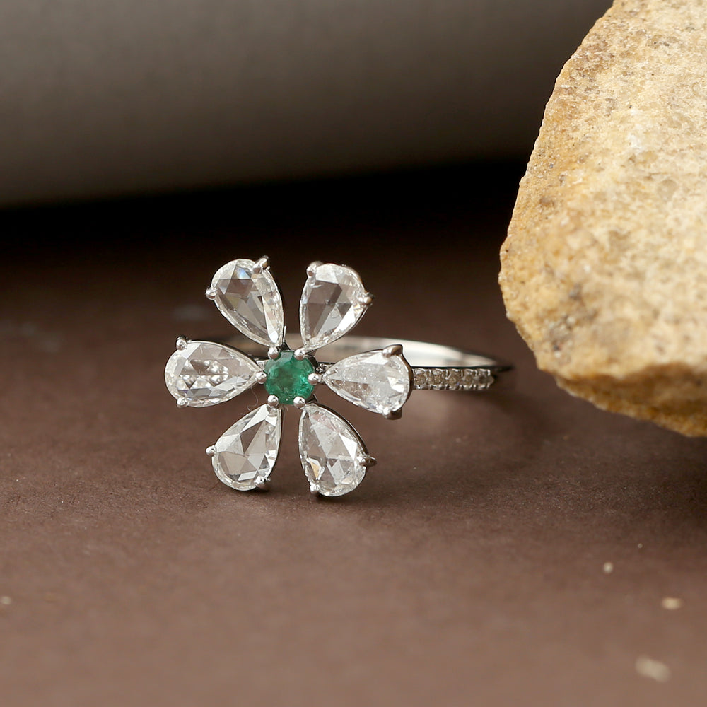 Round Emerald Rose Cut Diamond Daisy Flower Ring in White Gold For Her