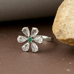 Round Emerald Rose Cut Diamond Daisy Flower Ring in White Gold For Her