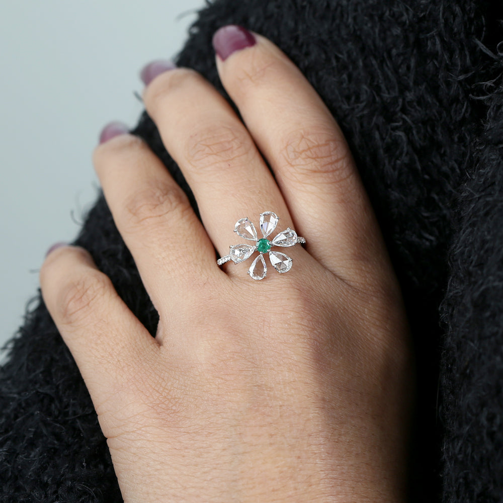 Round Emerald Rose Cut Diamond Daisy Flower Ring in White Gold For Her