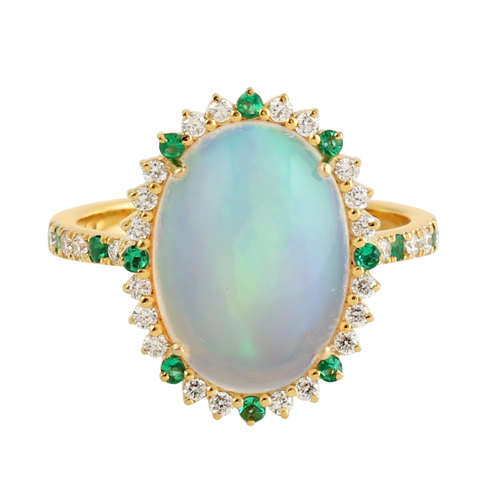 Natural Opal Pave Diamond & Emerald Wedding Ring In 18k Yellow Gold