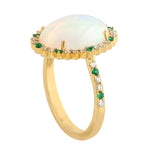 Natural Opal Pave Diamond & Emerald Wedding Ring In 18k Yellow Gold