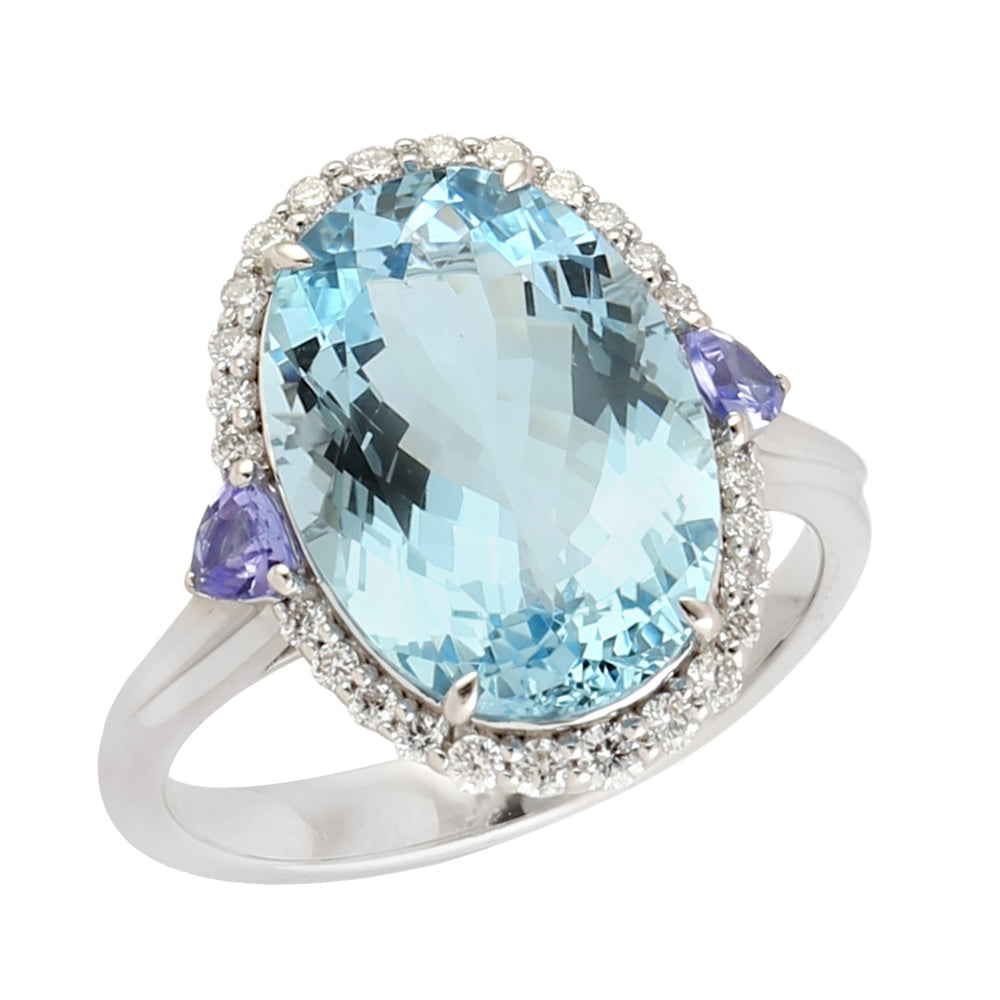 Natural Tanzanite Aquamarine Diamond Big Ring In 18k White Gold