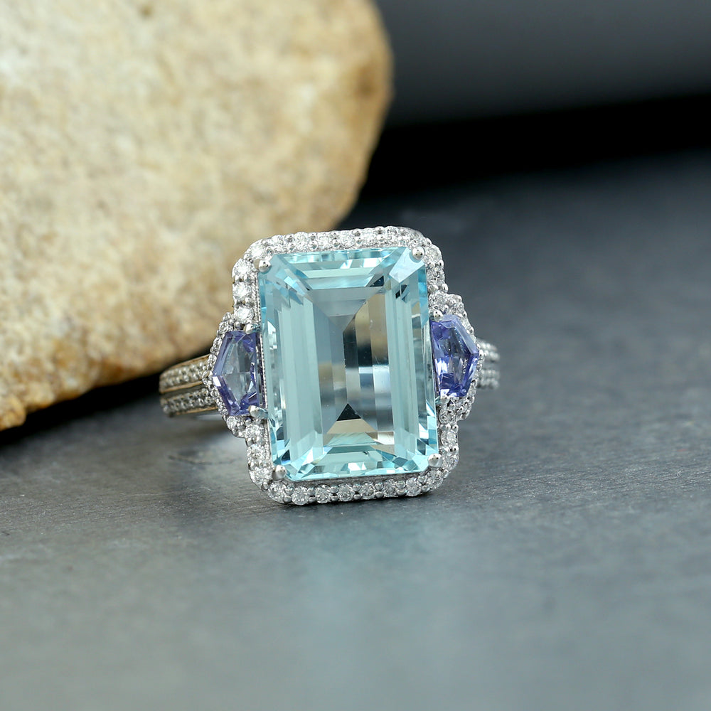 Emerald Cut Aquamarine Tanzanite Diamond Big Ring in 18k White Gold