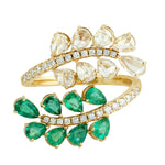 Emerald Rose Cut Diamond Leaf Design Bypass Designer Ring 18k Gold