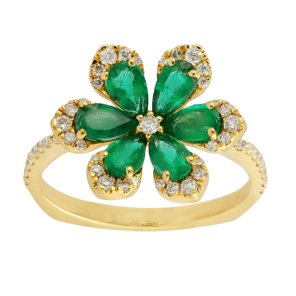 Pear Cut Emerald & Diamond Floral Ring in Yellow Gold Birthday Gift For Her