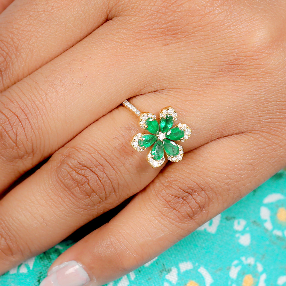 Pear Cut Emerald & Diamond Floral Ring in Yellow Gold Birthday Gift For Her