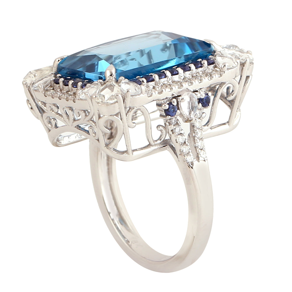 Beautiful Topaz & Sapphire Diamond Party Wear Cocktail Ring In 18k White Gold