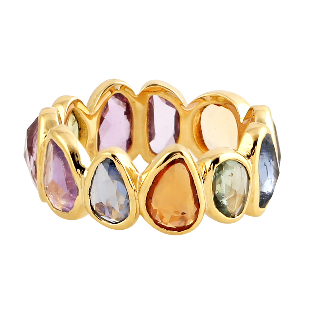 Bezel Set Multicolor Sapphire Gemstone In 18k Yellow Gold Band Ring