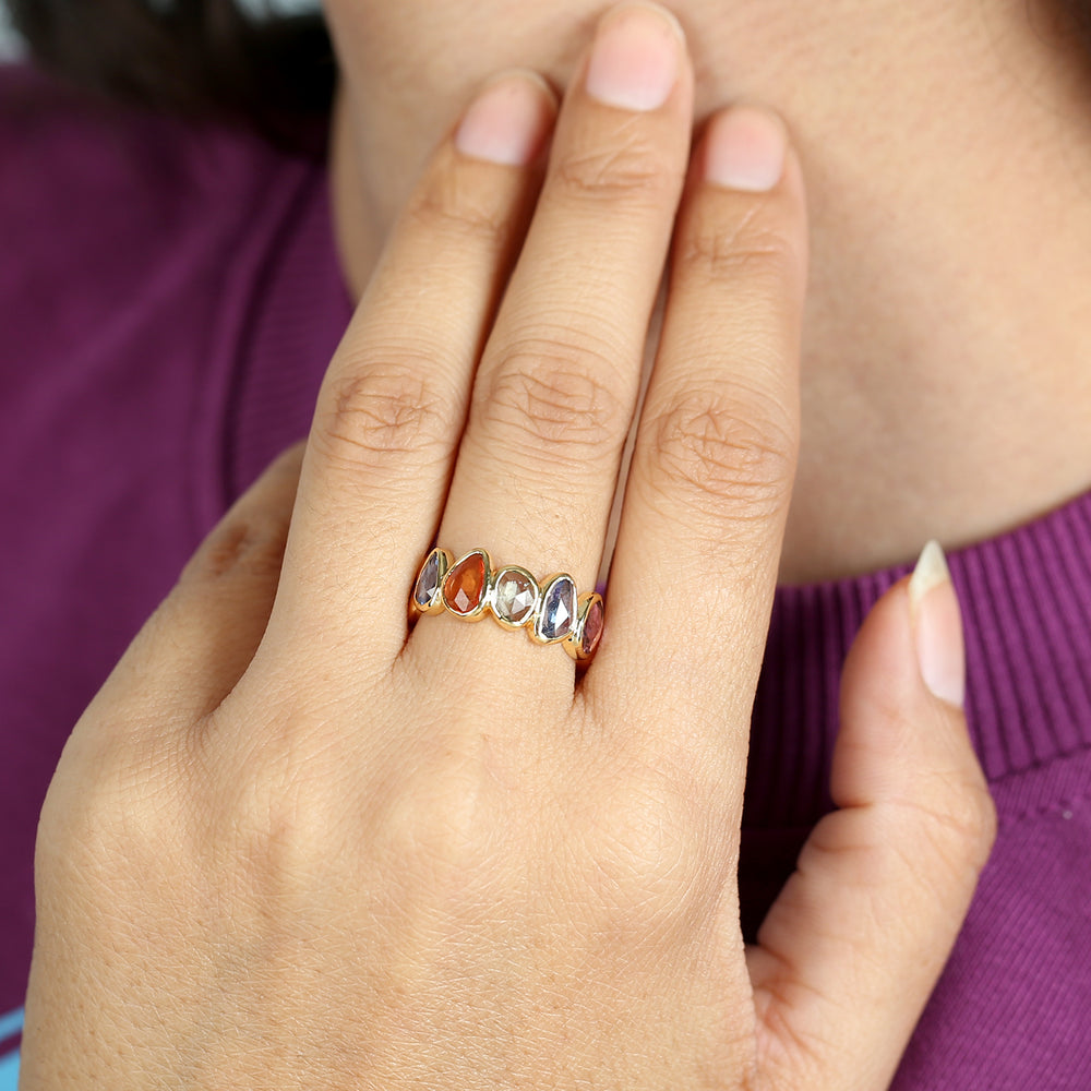 Bezel Set Multicolor Sapphire Gemstone In 18k Yellow Gold Band Ring