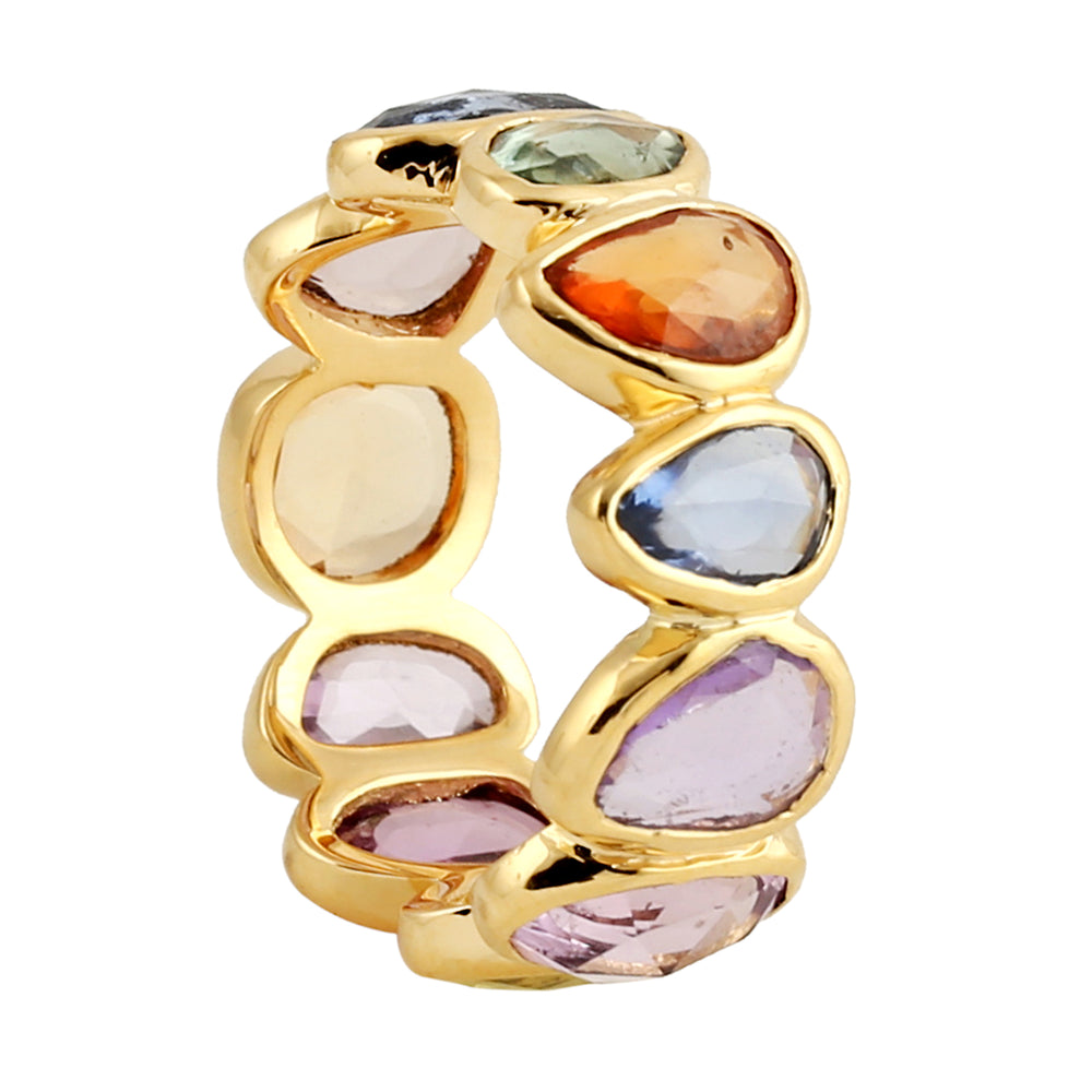 Bezel Set Multicolor Sapphire Gemstone In 18k Yellow Gold Band Ring