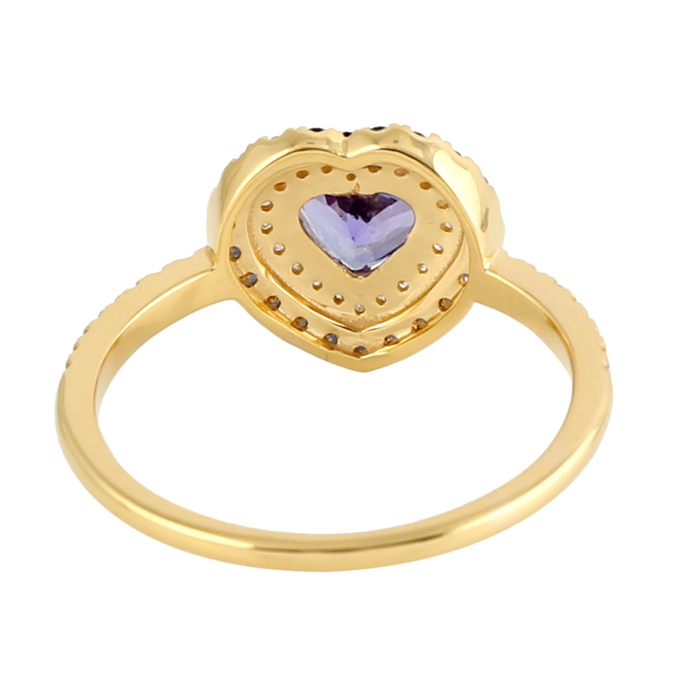 Hear Cut Tanzanite & Blue Sapphire Prong Diamond Heart Ring Gift For Her in Yellow Gold