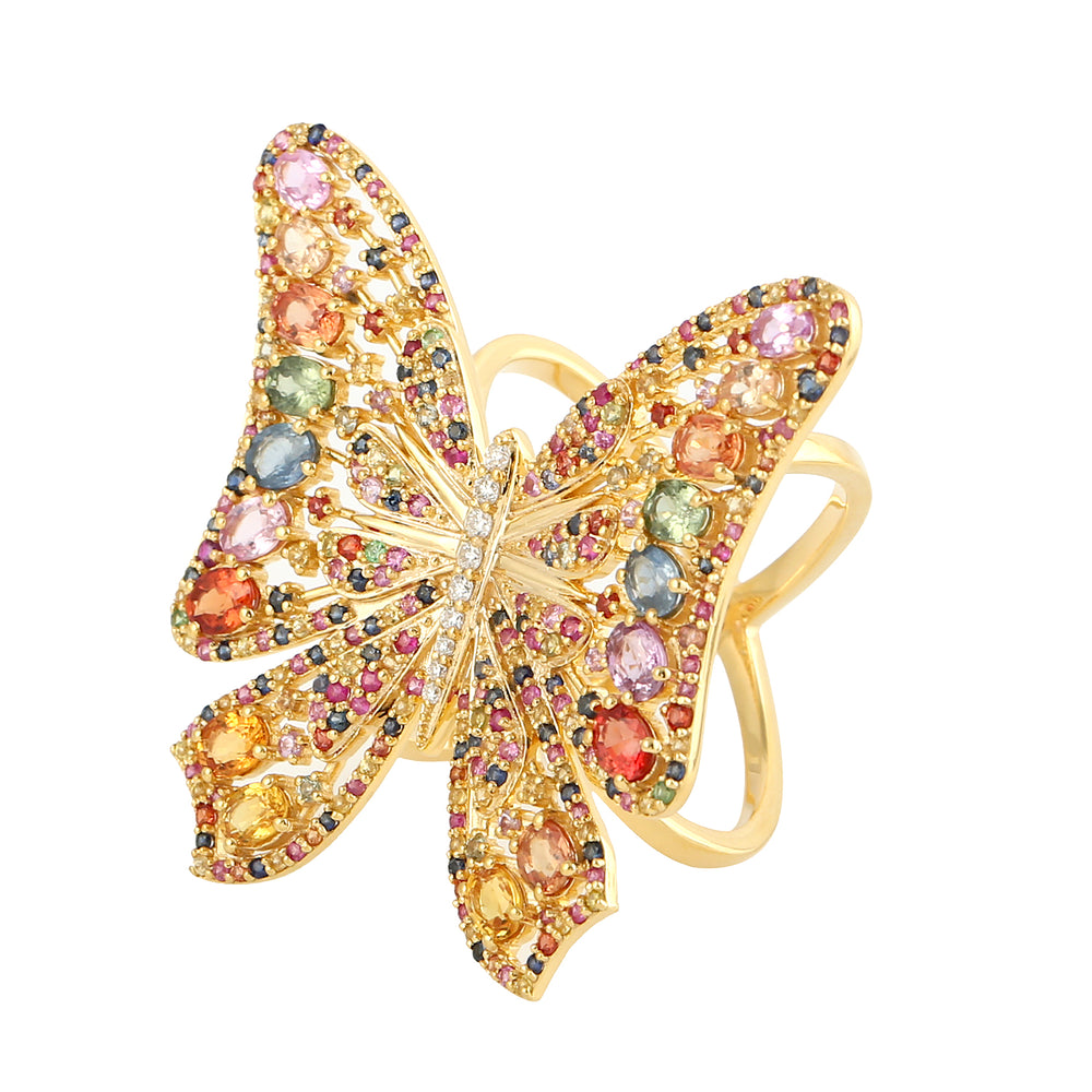 Multicolor Sapphire Diamond Butterfly Cocktail Ring In 18k Yellow Gold