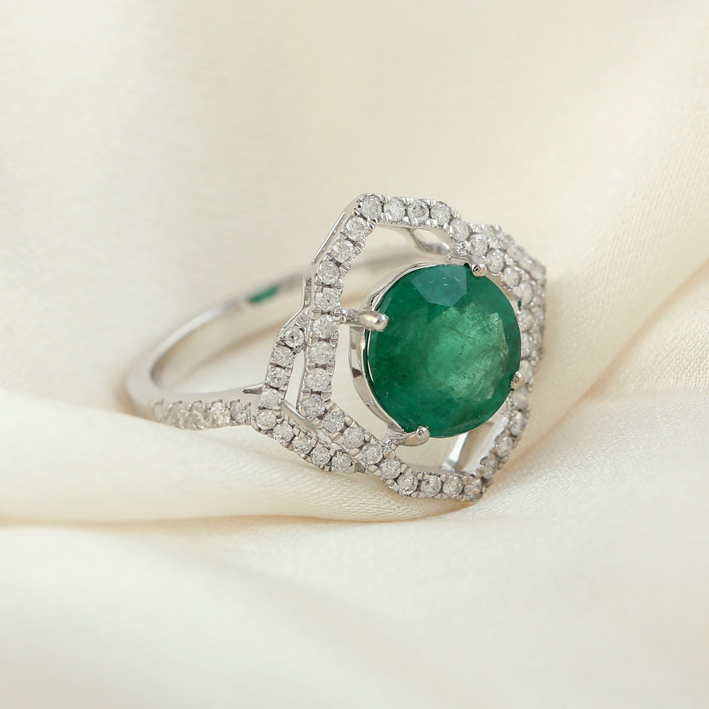 Natural Emerald & Diamond Solitaire Cocktail Ring in 18k White Gold