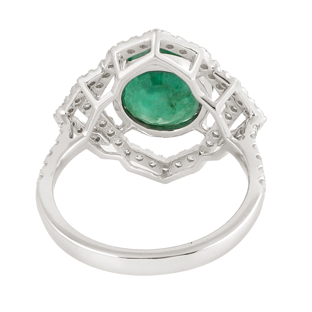 Natural Emerald & Diamond Solitaire Cocktail Ring in 18k White Gold