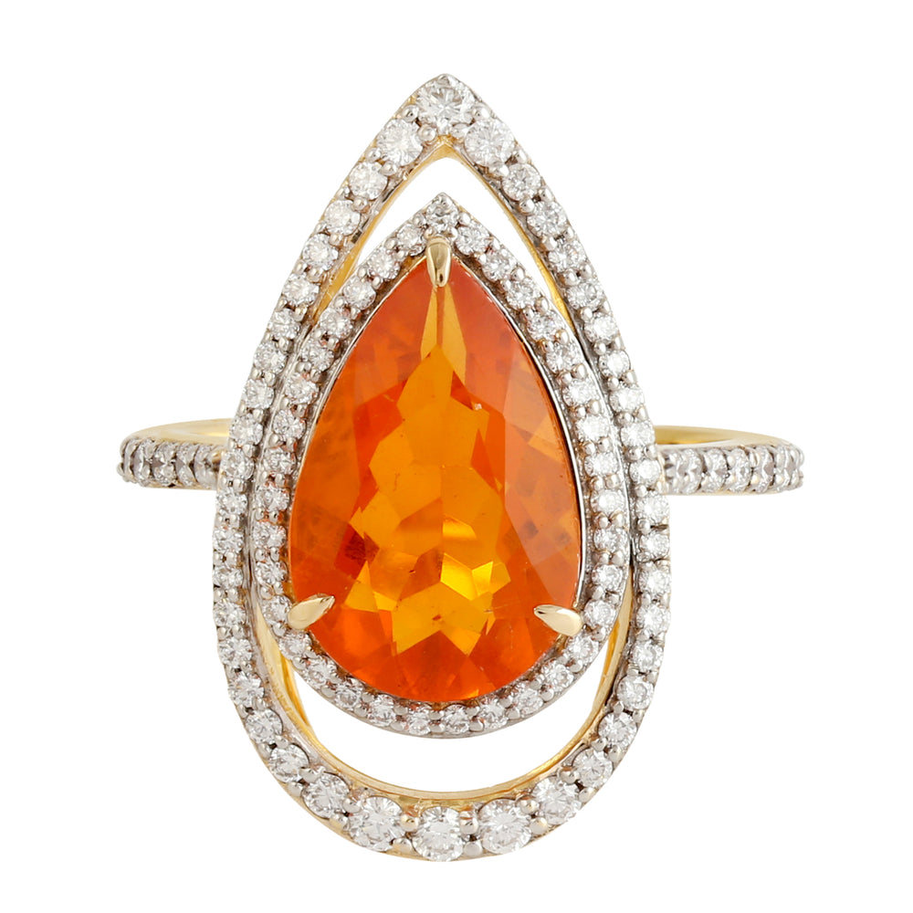 Pear Opal Fire Pave Diamond Halo Engagement Ring In 18k Yellow Gold