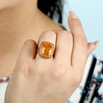 Cushion Opal Fire Prong Garnet Mandarin Gemstone Cocktail Ring In 18k Yellow Gold