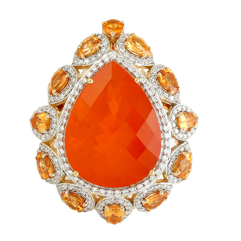 Beautiful Pear Cut Fire Opal Garnet Pave Diamond Wedding Ring in 18k Yellow Gold