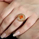 Opal Fire & Garnet Mandarin Pave Diamond Engagement Halo Ring In 18k Yellow Gold