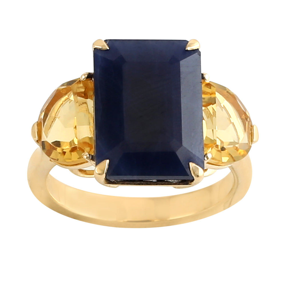 Emerald Cut Blue Sapphire Citrine Three Stone 18k Yellow Gold Ring