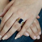 Emerald Cut Blue Sapphire Citrine Three Stone 18k Yellow Gold Ring