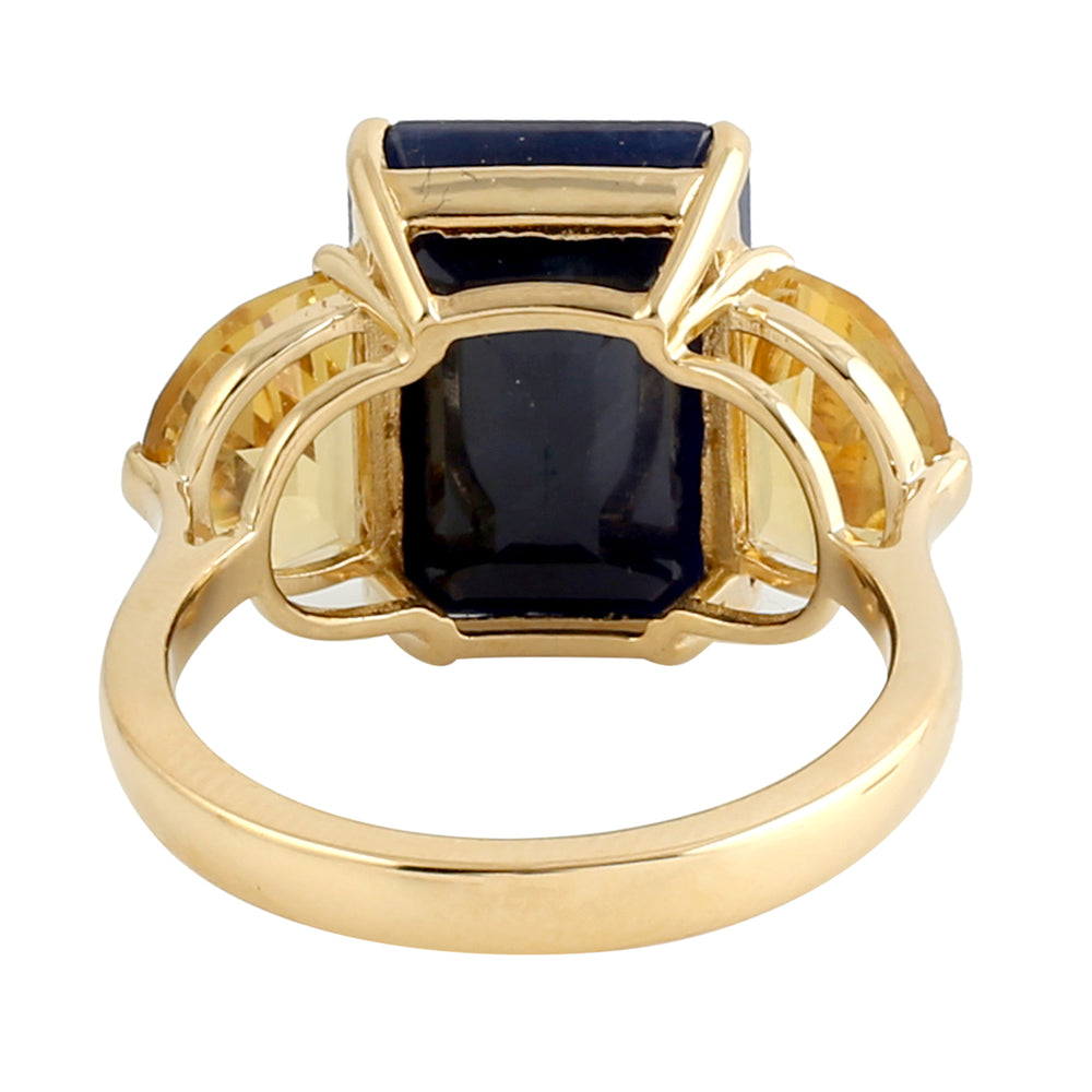 Emerald Cut Blue Sapphire Citrine Three Stone 18k Yellow Gold Ring