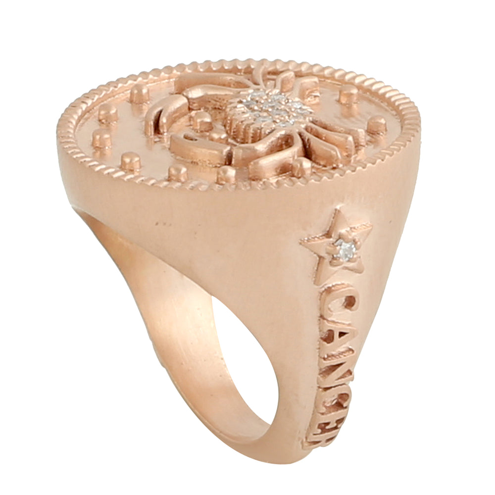 14k Rose Gold Pave Diamond Cancer Zodiac Sign Signet Ring