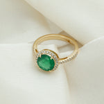 Pave Diamond Emerald Halo Delicate Ring in 18k Yellow Gold