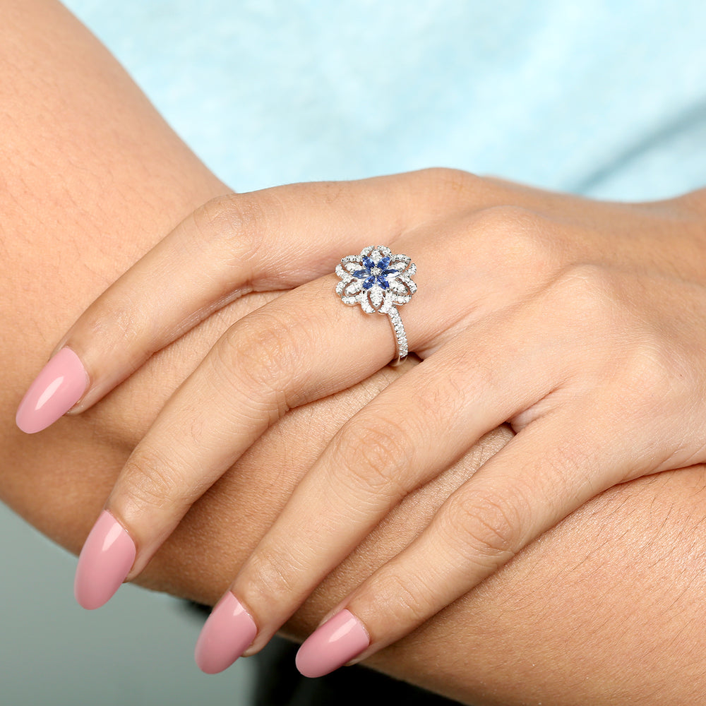 Blue Sapphire Diamond Daisy Cocktail Ring For Her In 18k White Gold