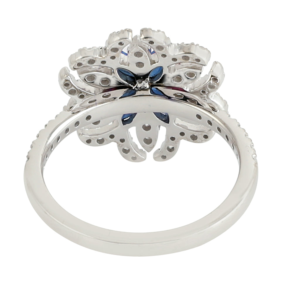 Blue Sapphire Diamond Daisy Cocktail Ring For Her In 18k White Gold