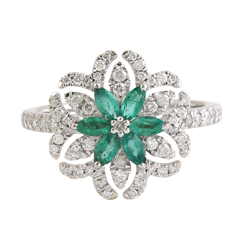 Green Emerald Diamond Daisy Cocktail Ring For Her In 18k White Gold