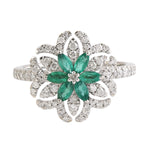 Green Emerald Diamond Daisy Cocktail Ring For Her In 18k White Gold