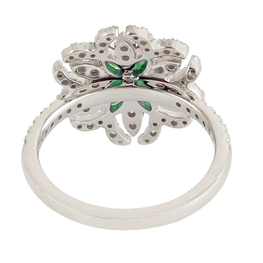 Green Emerald Diamond Daisy Cocktail Ring For Her In 18k White Gold