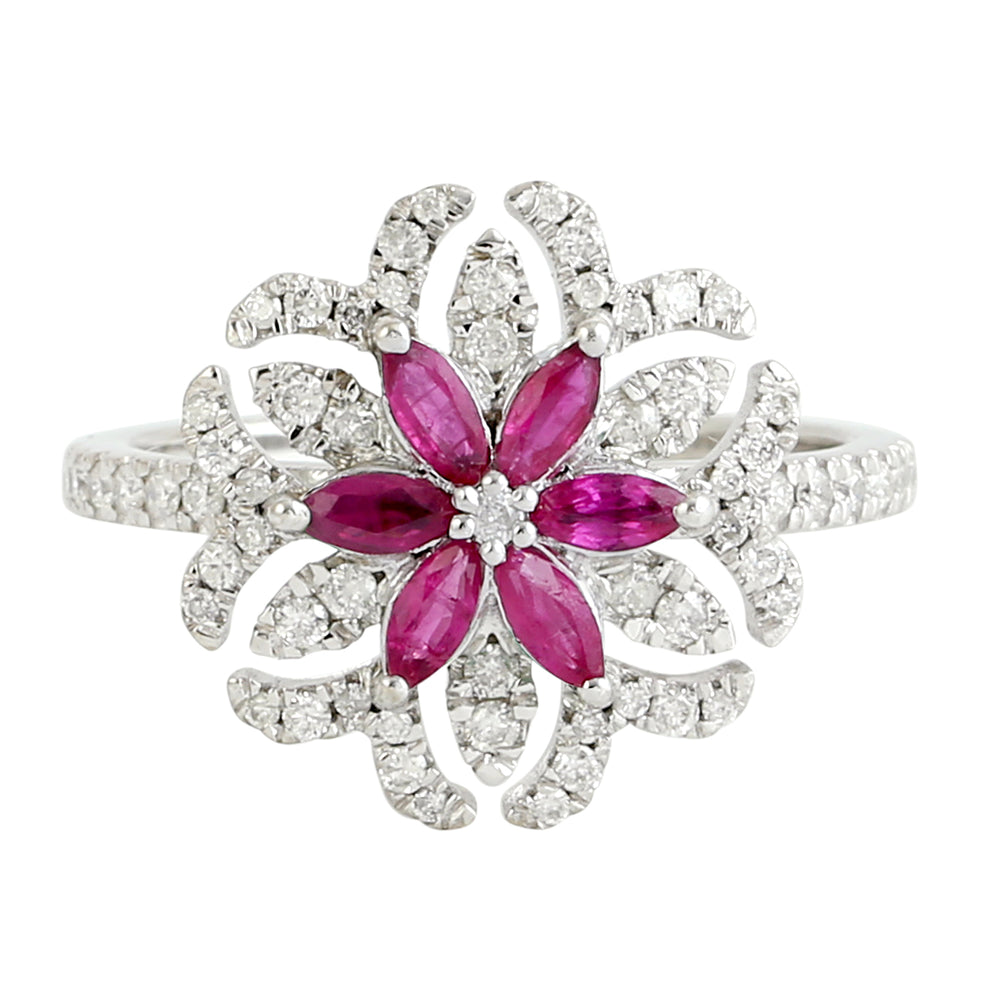 Natural Ruby Diamond Daisy Cocktail Ring For Her In 18k White Gold