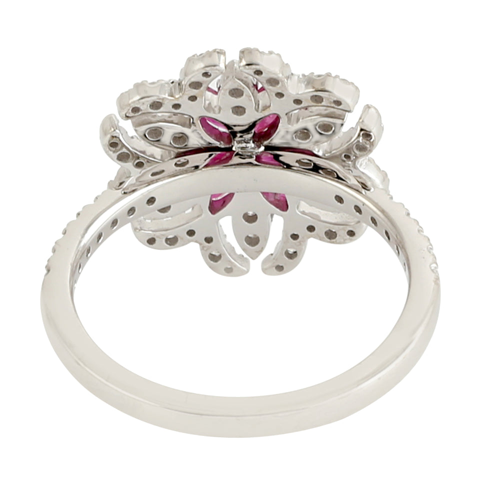 Natural Ruby Diamond Daisy Cocktail Ring For Her In 18k White Gold