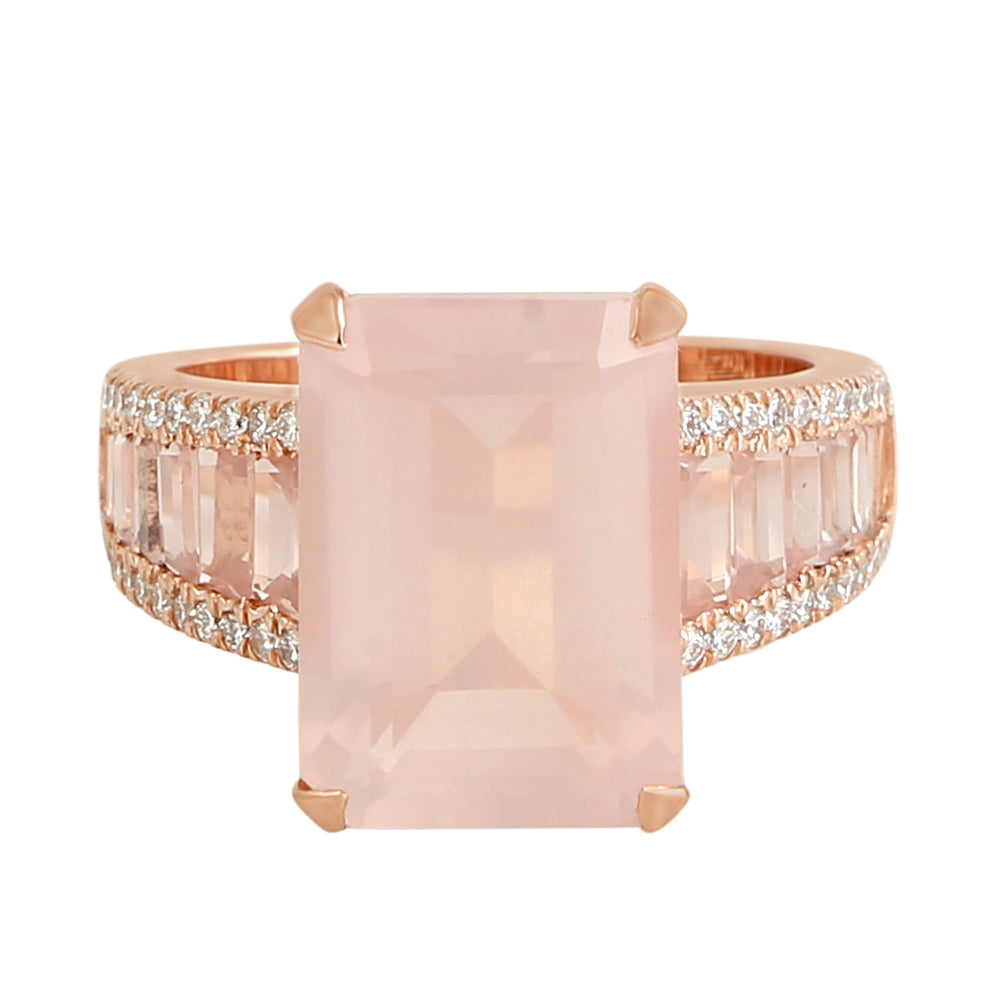 Pink Quartz Pave Diamond Beautiful Wedding Ring In 18k Rose Gold