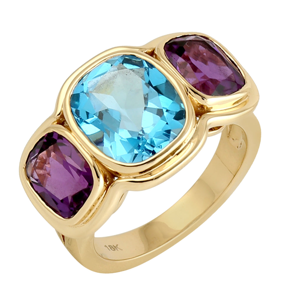 Bezel Set Blue Topaz Amethyst Three stone Band Ring 18k Yellow Gold