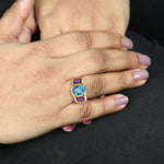 Bezel Set Blue Topaz Amethyst Three stone Band Ring 18k Yellow Gold