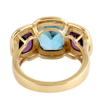 Bezel Set Blue Topaz Amethyst Three stone Band Ring 18k Yellow Gold