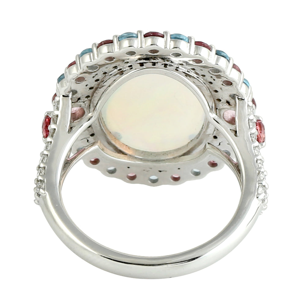 Opal Ethopian Tourmaline Topaz 18k White Gold Handmade Cocktail Ring