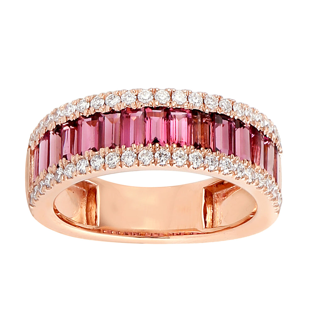 Baguette Tourmaline Pave Diamond Channel Set Beautiful Band Ring in 18k Rose Gold