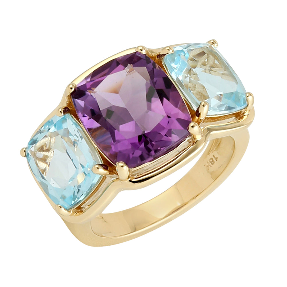 Amethyst Topaz Three Stone 18k Yellow Gold Handmade Ring