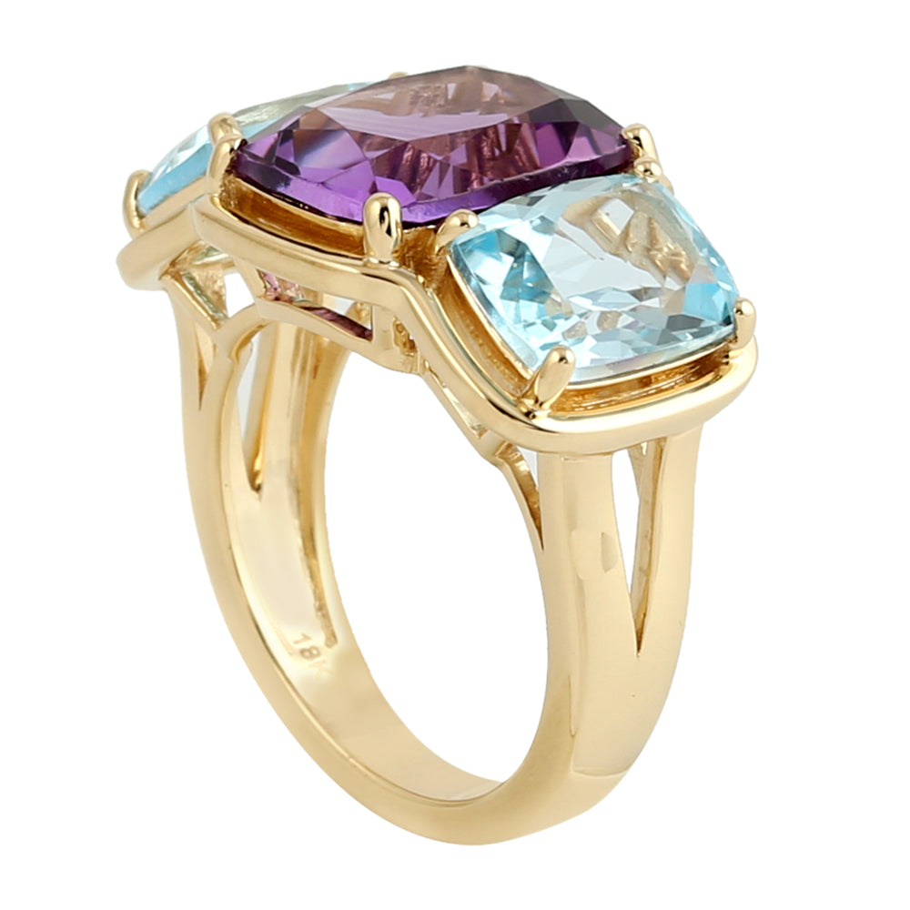 Amethyst Topaz Three Stone 18k Yellow Gold Handmade Ring