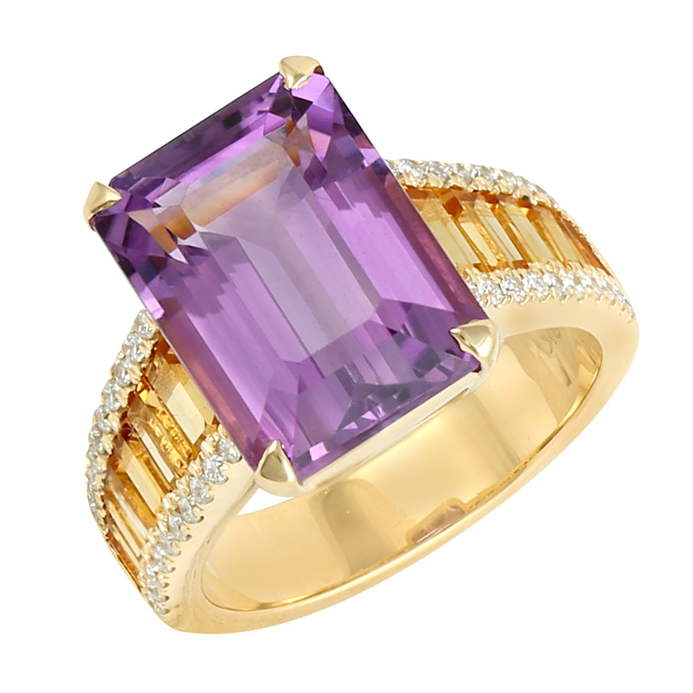 Emerald Cut Amethyst Citrine Diamond Cocktail 18k Yellow Gold Ring