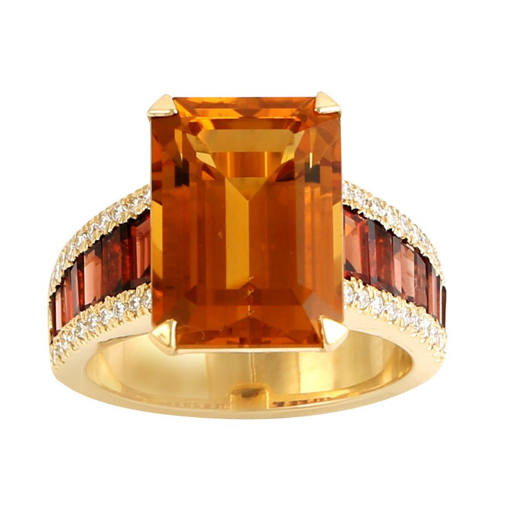 Emerald Cut Citrine Diamond Garnet Wedding Ring In 18k Yellow Gold