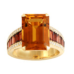 Emerald Cut Citrine Diamond Garnet Wedding Ring In 18k Yellow Gold