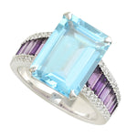 Blue Topaz Amethyst Diamond  18k White Gold Cocktail Ring