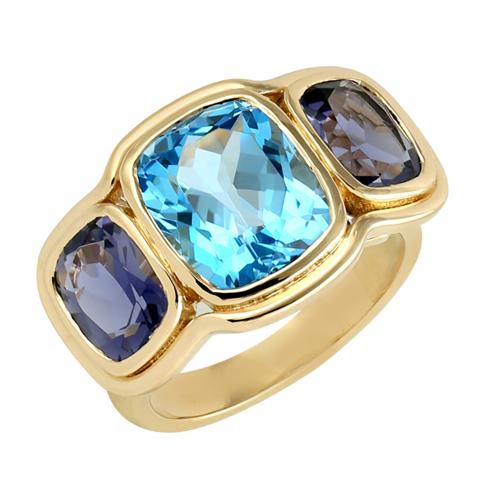 Bezel Set Topaz Lolite Three Stone Ring in 18k Gold